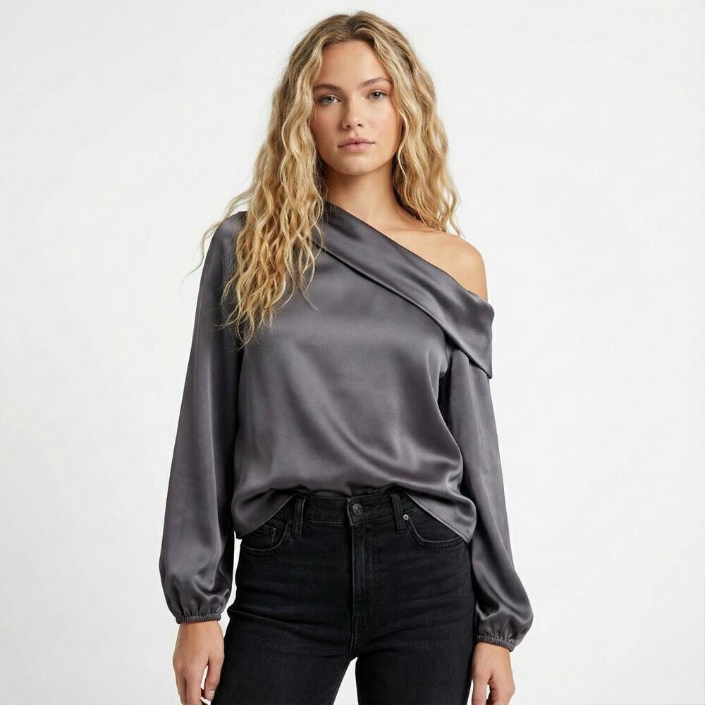 Ramy Brook Aspen NWT One Shoulder Top Small Slate Grey Satin Date Night Blouse